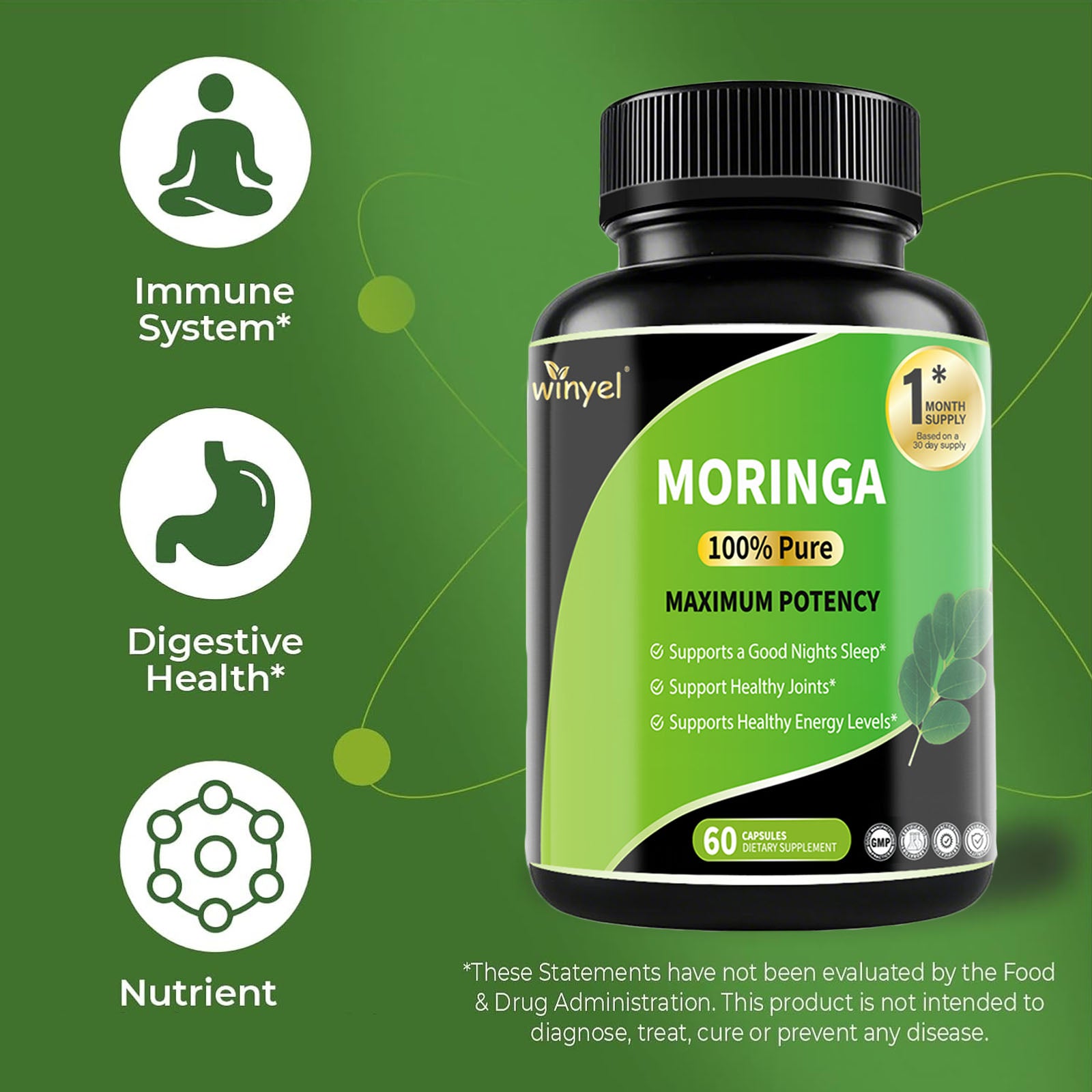 Pure Moringa Capsules - High Potency, Health & Fitness With Essential Vitamins & Amino Acids - 60 Capsules
