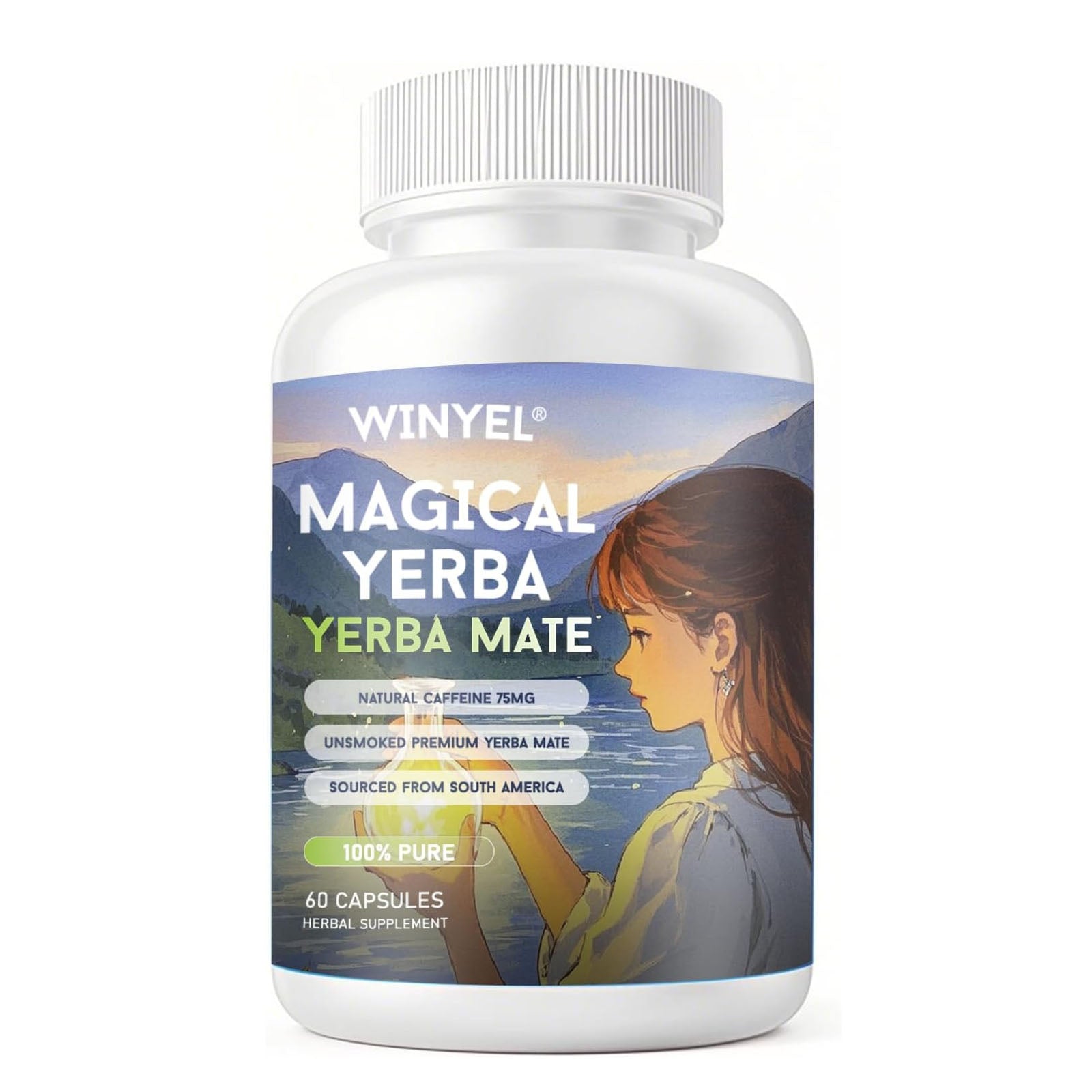 WINYEL Yerba Mate Capsules  75mg Natural Caffeine Per Capsule  Natural Plant-Based Energy & Focus Support  Supports Mental Clarity & Digestive Wellness Gut Health  60 Capsules