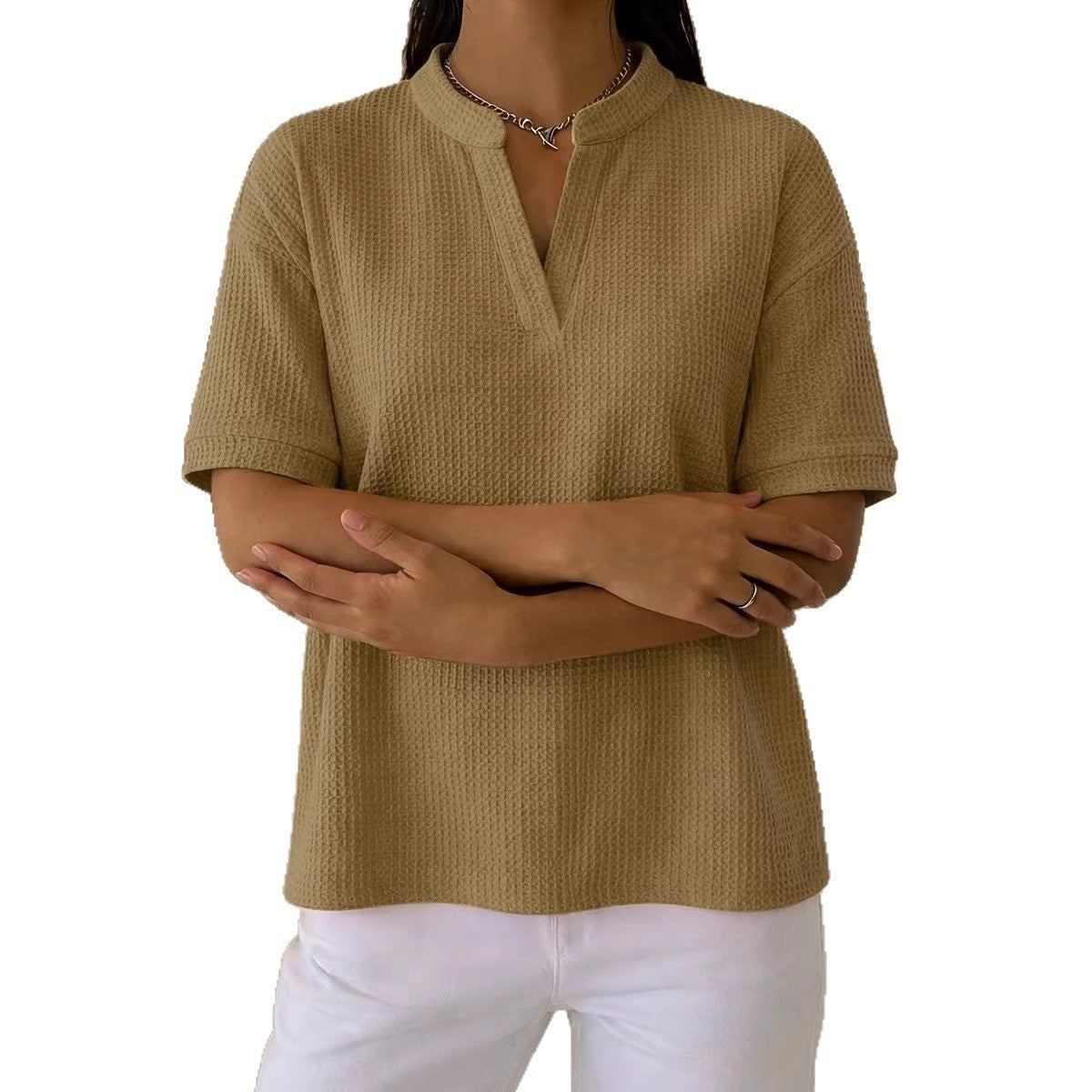 Waffle-knit Loose Casual Short-sleeve T-shirt