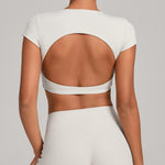 Womens Double-Stitched No-Cup Yoga Fitness Short-Sleeve Top