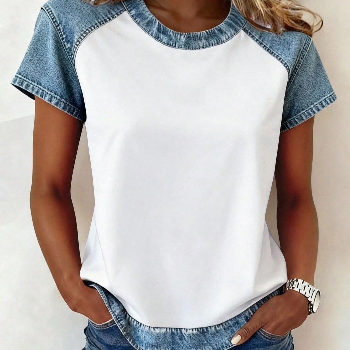 Color-block Printed Short-sleeve Womens Loose Top