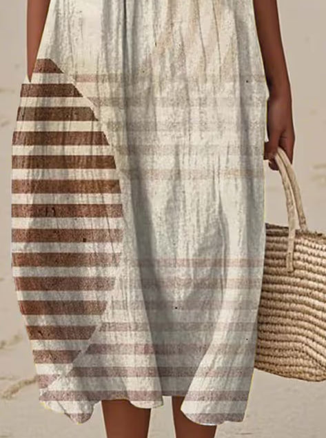Women'S Round Neck Sleeveless Color-Block Printed Dress