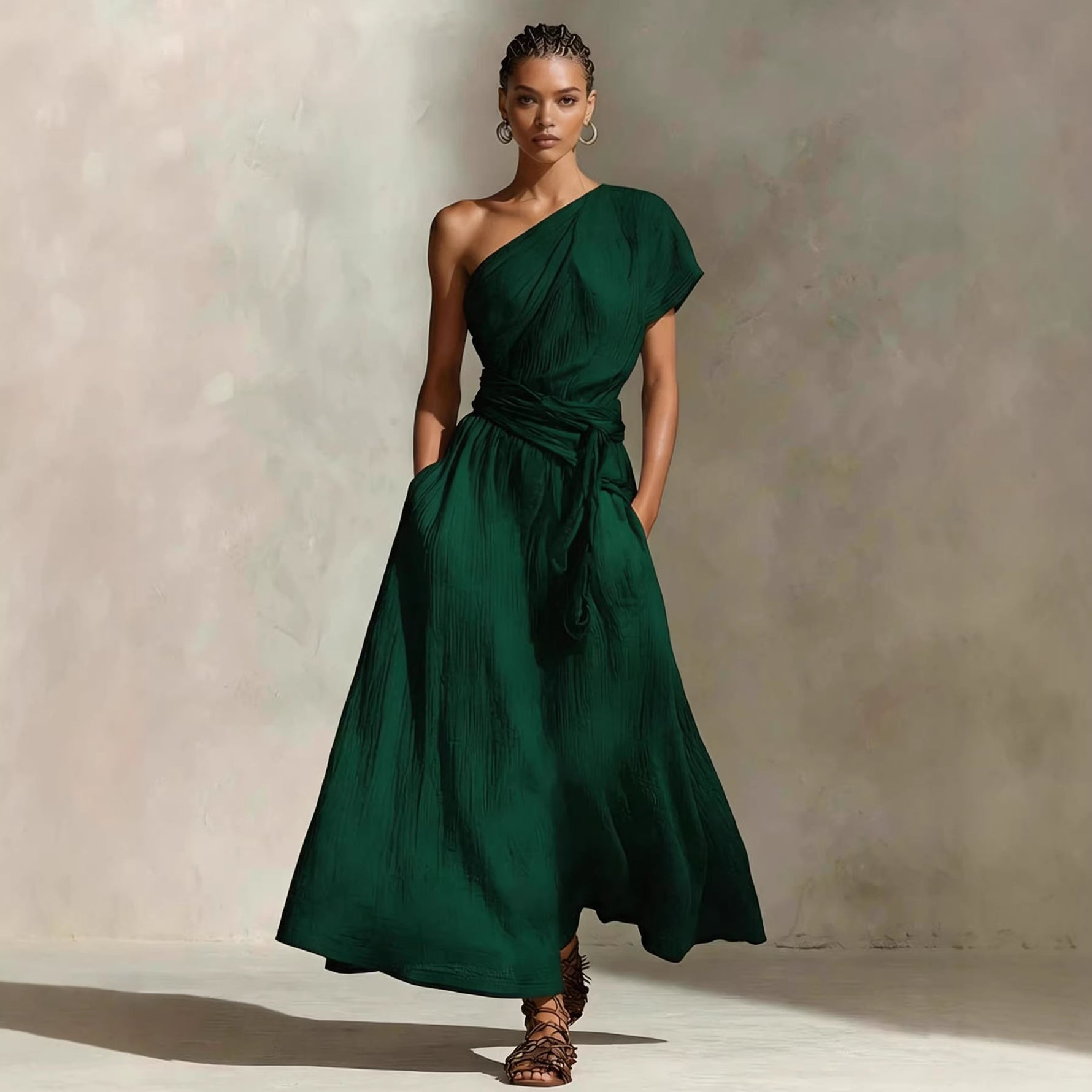 Womens Long One-Shoulder Dress With Neckline And Waist Tie