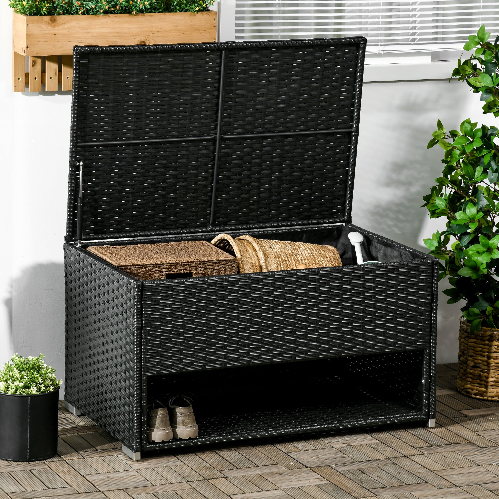 Outdoor Deck Box & Shoe Storage, PE Rattan Wicker Towel Rack with Liner for Indoor, Outdoor, Patio Furniture Cushions, Pool, Garden Tools, Black