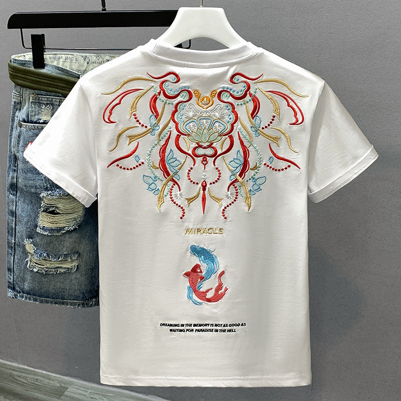 Men's Cotton Crew-Neck Versatile Ethnic-Style Embroidered Short-Sleeve T-Shirt