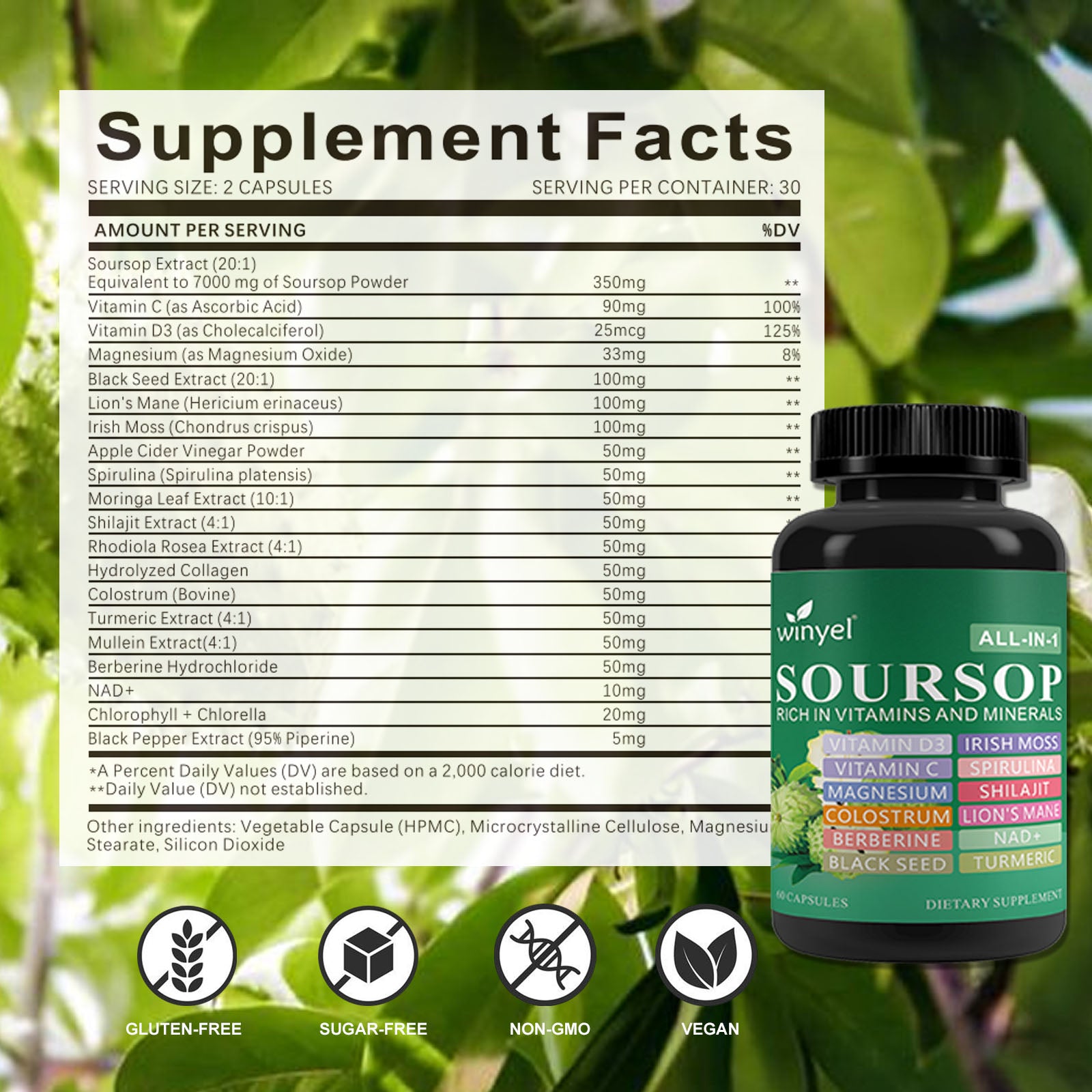 Soursop Supplement Containing 20 Herbal Extracts Including Seaweed, Lion's Mane Mushroom, Turmeric, Black Seed Oil, Oregano, And Mullein, Promoting Overall Health. Vegan, 60 Capsules.