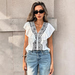 Ruffled V-neck Single-breasted Short-sleeve Top