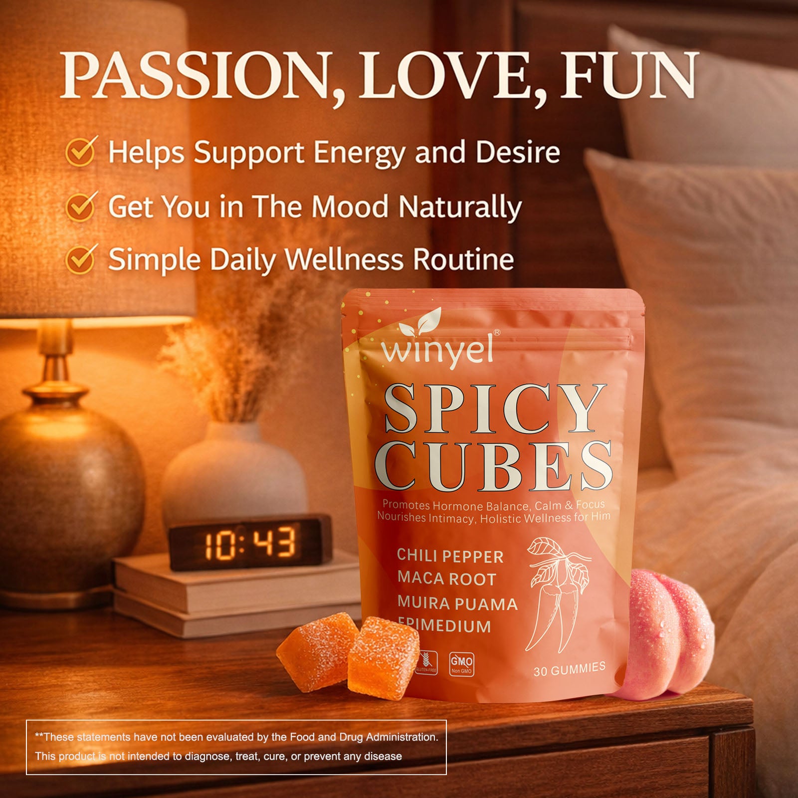 Spicy Cubes, Intimacy Gummies With Chili Pepper, Muira Puama, Maca Root, Epimedium, Helps Promote Hormone Balance, Calmness And Intimacy Wellness, Peach Flavor, 30 Gummies