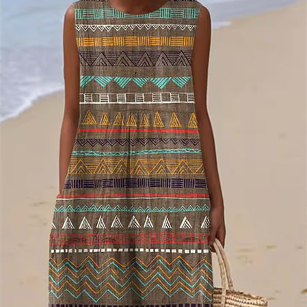 Women'S Round Neck Sleeveless Color-Block Printed Dress