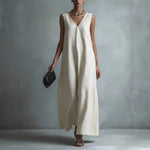 Women's Casual V-Neck Sleeveless Cotton-Linen Dress