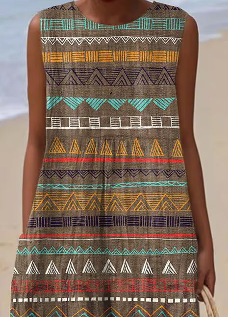 Women'S Round Neck Sleeveless Color-Block Printed Dress