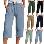 Women's Cotton-Linen Solid-Color Casual Cropped Pants With Elastic Waist