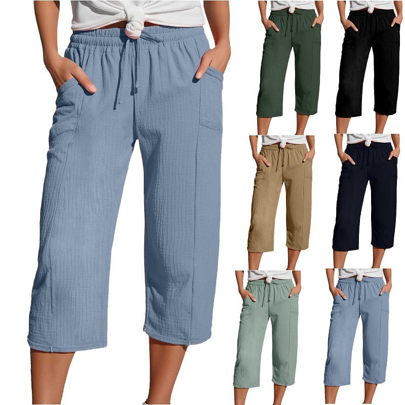 Women's Cotton-Linen Solid-Color Casual Cropped Pants With Elastic Waist