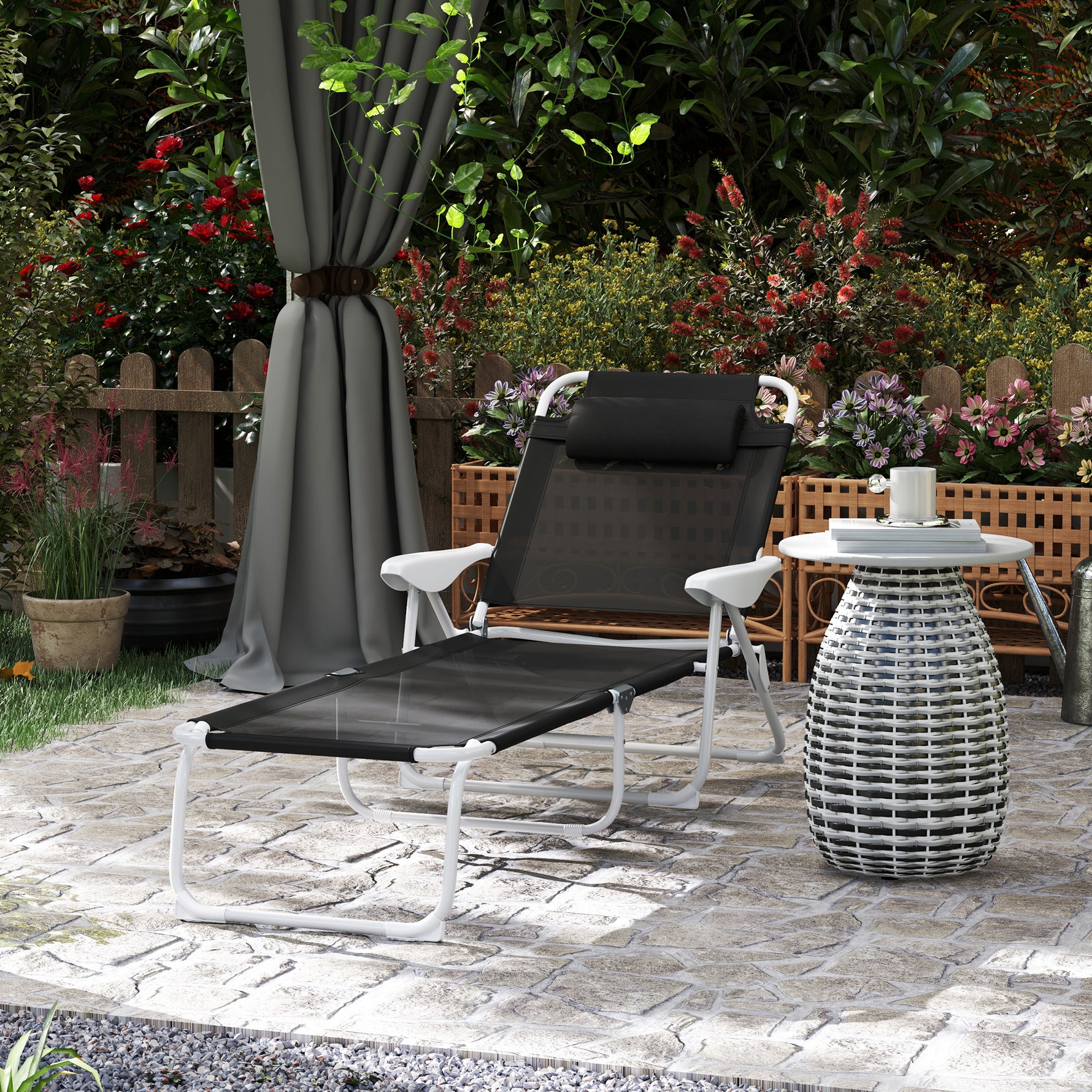 Folding Chaise Lounge, Outdoor Sun Tanning Chair, 4-Position Reclining Back, Armrests, Removable Pillow, Black