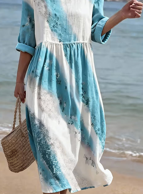 Women's Casual Round Neck Mid Sleeve Print Cotton And Linen Dress