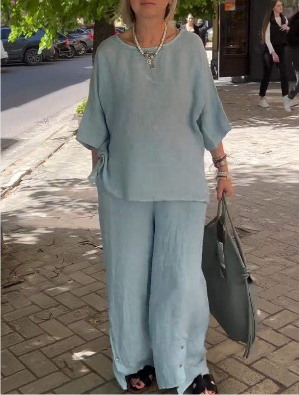 Casual Three-Quarter Sleeve Set Wide-Leg Pants Two-Piece Set