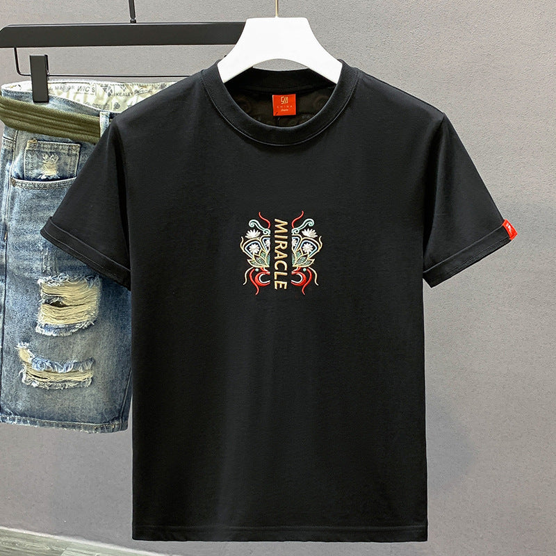Men's Cotton Crew-Neck Versatile Ethnic-Style Embroidered Short-Sleeve T-Shirt