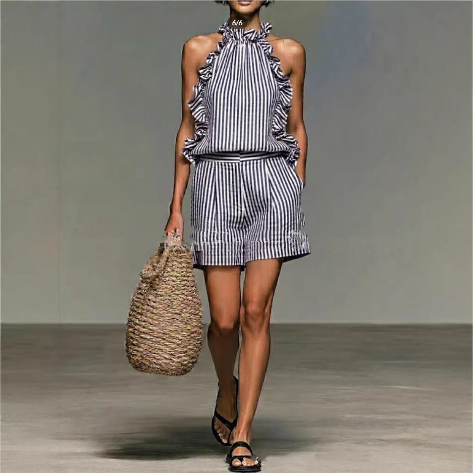 Striped Print Stand Collar Sleeveless Loose Top And Shorts Set