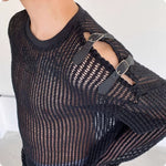 Hollow Out T-shirt Men's Long Sleeved Leather Loop Off Shoulder Design Niche Men