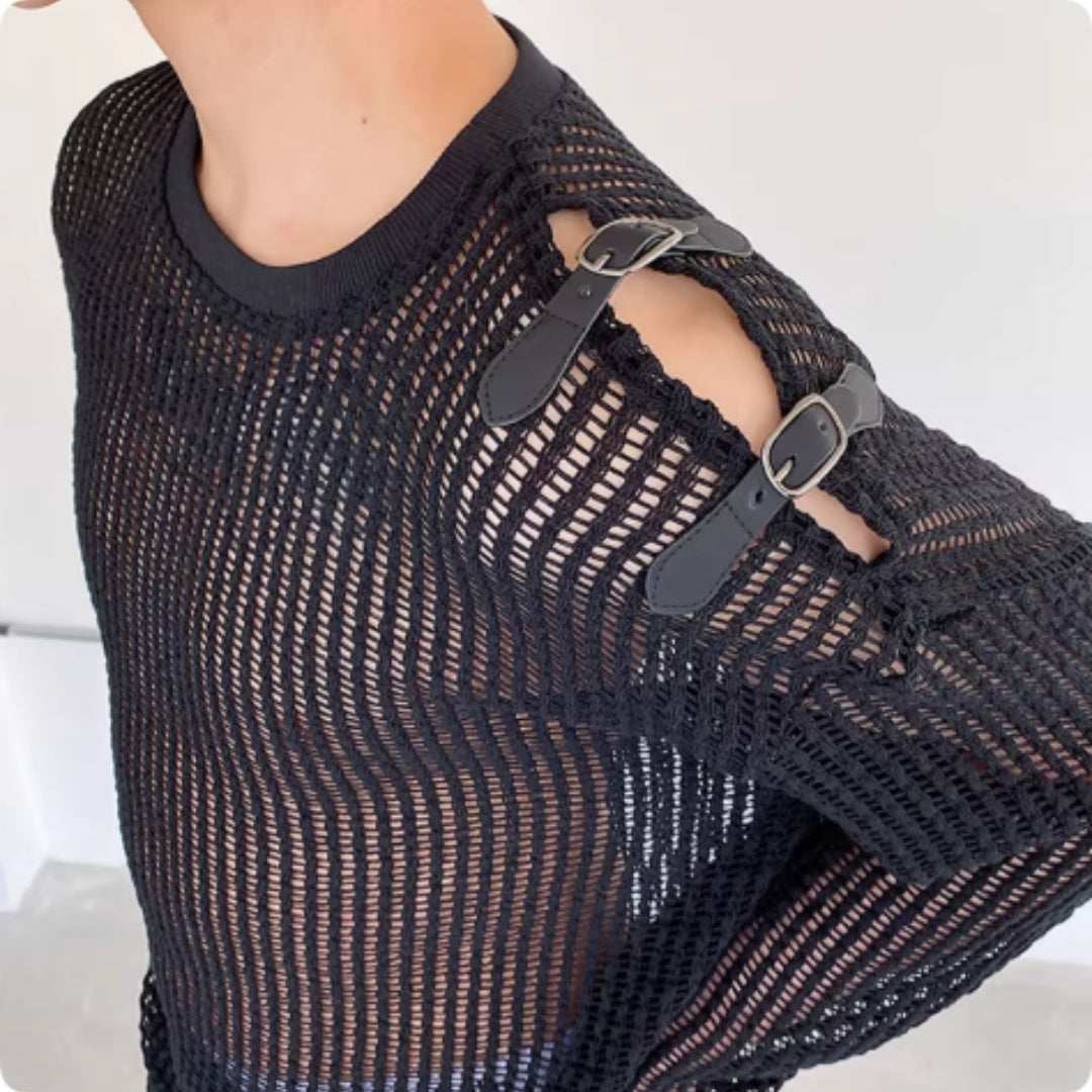 Hollow Out T-shirt Men's Long Sleeved Leather Loop Off Shoulder Design Niche Men