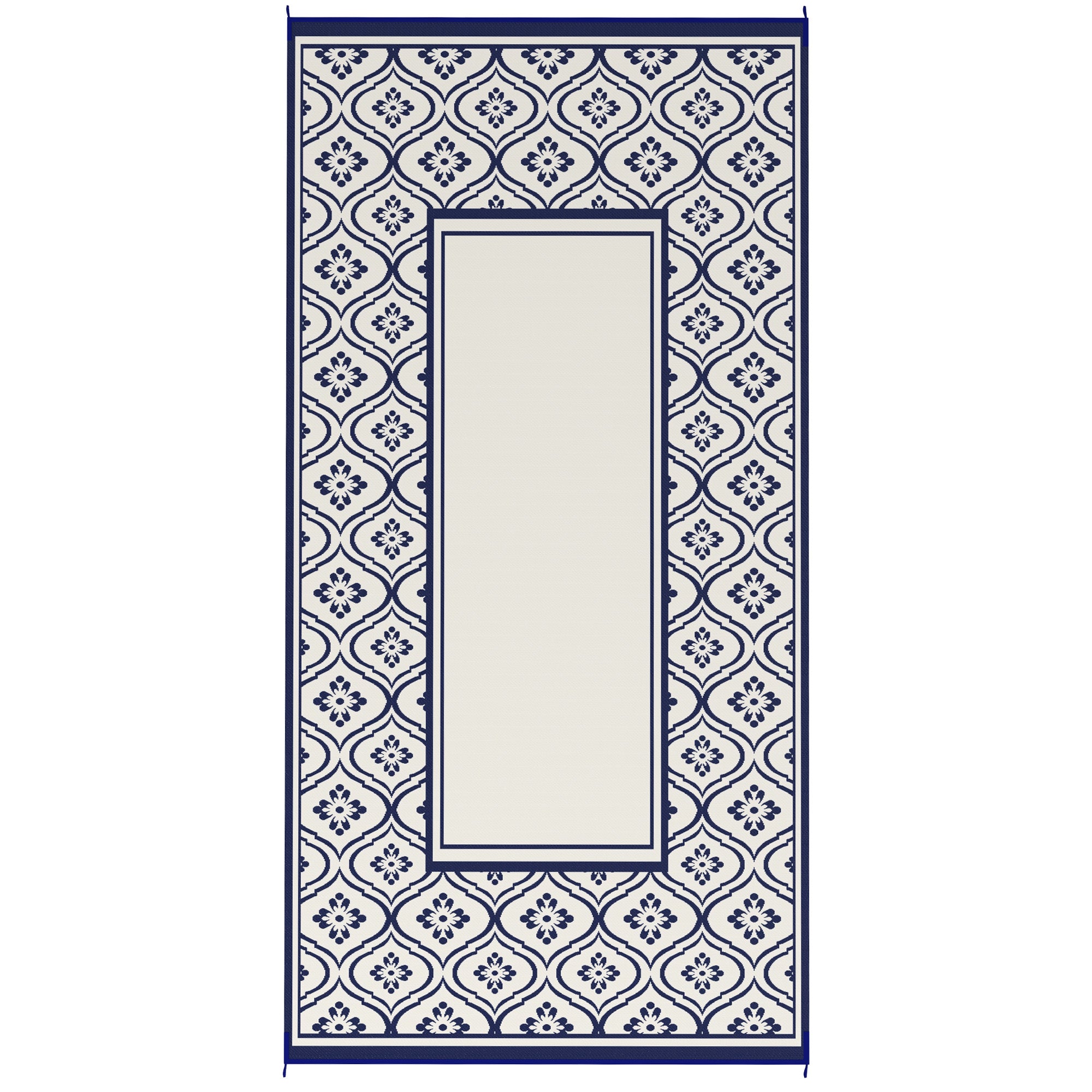 Reversible Outdoor Rug, Waterproof Plastic Straw With Carry Bag, 9 X 18, Blue & White Gourd Border