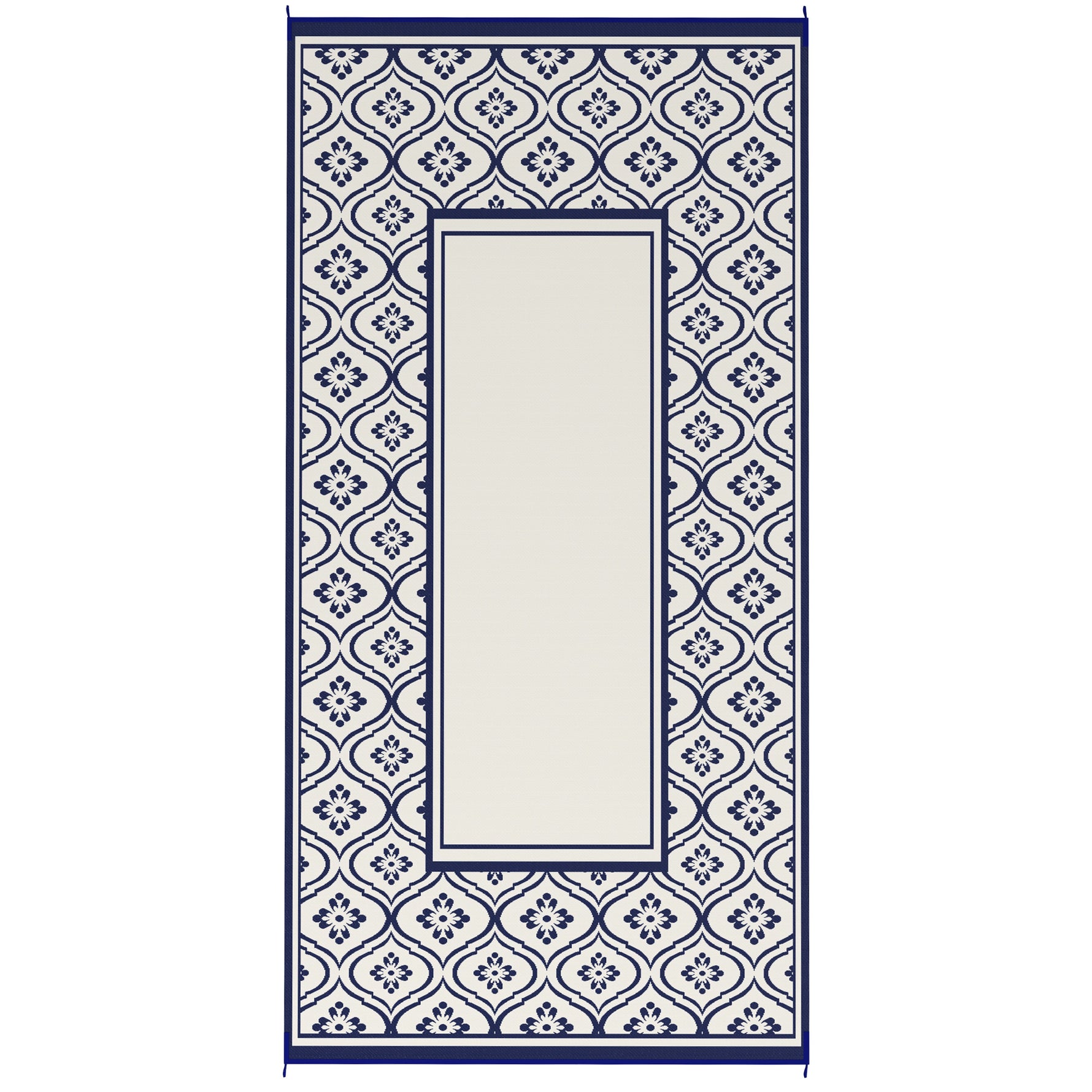 Reversible Outdoor Rug, Waterproof Plastic Straw With Carry Bag, 9 X 18, Blue & White Gourd Border