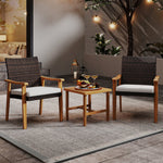 3 Pieces Patio PE Wicker Furniture Set Acacia Wood Outdoor Conversation Bistro Set