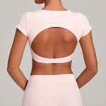 Womens Double-Stitched No-Cup Yoga Fitness Short-Sleeve Top
