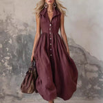 Womens Elegant Fashionable Solid-Color Lapel Slim-Fit Long Dress