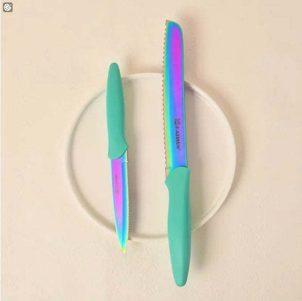 14-Piece Rainbow Colored High Carbon Stainless Steel Kitchen Knife Set, Titanium Coated Blade, Rust-Free & Super Sharp, Flatware Set With Wooden Stand & Kitchen Scissors, For Family & Restaurateurs