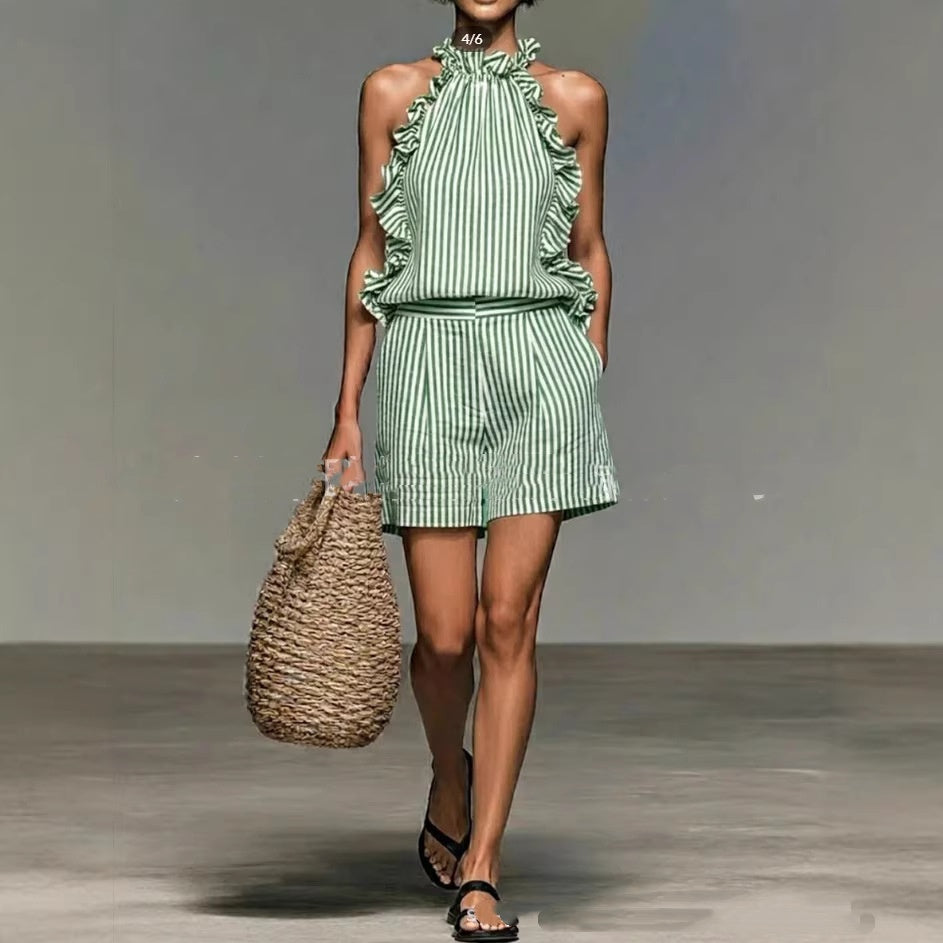 Striped Print Stand Collar Sleeveless Loose Top And Shorts Set
