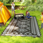 Reversible Outdoor Rug, Waterproof Plastic Straw With Carry Bag, 9 X 18, Black & Gray Rhombus Patchwork