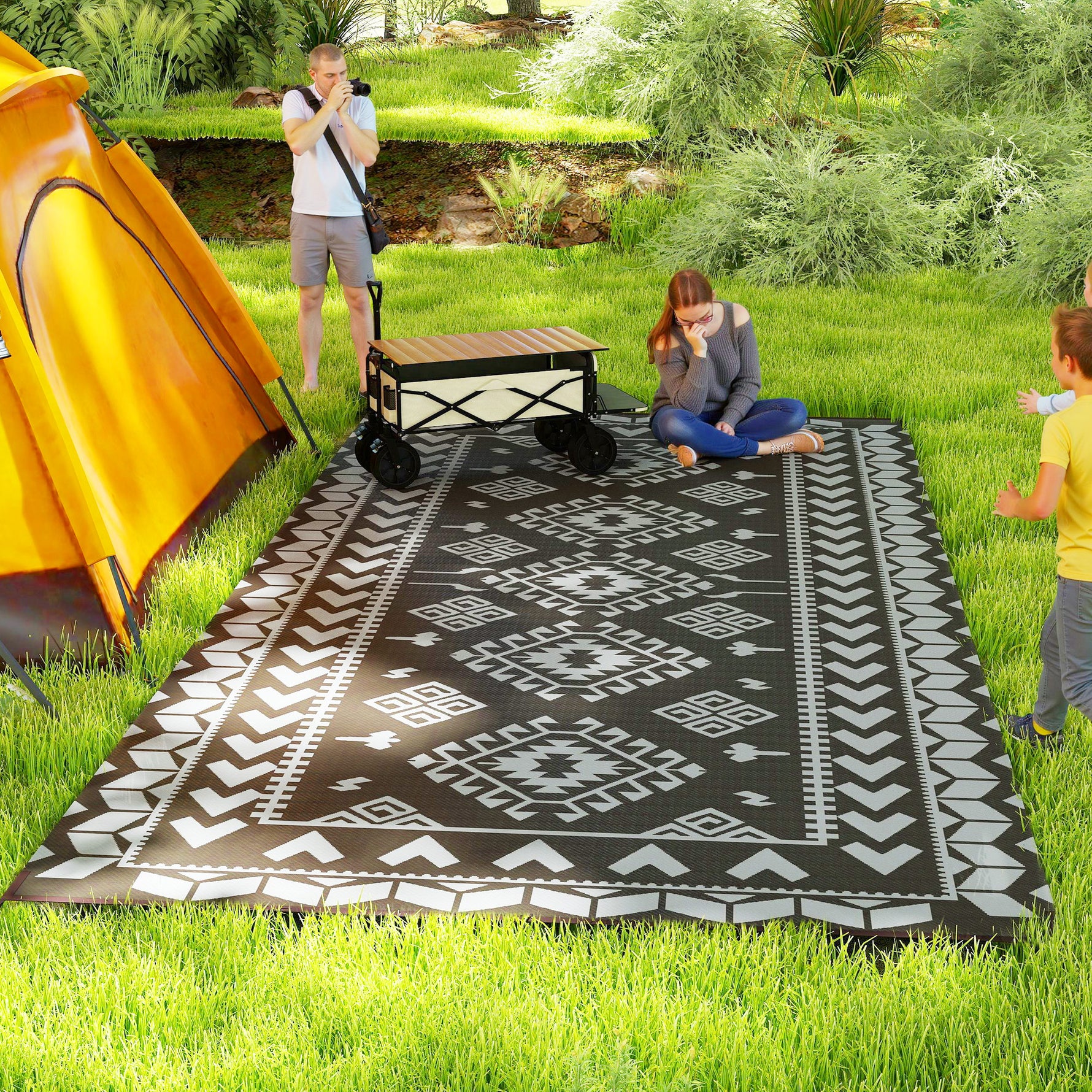 Reversible Outdoor Rug, Waterproof Plastic Straw With Carry Bag, 9 X 18, Black & Gray Rhombus Patchwork