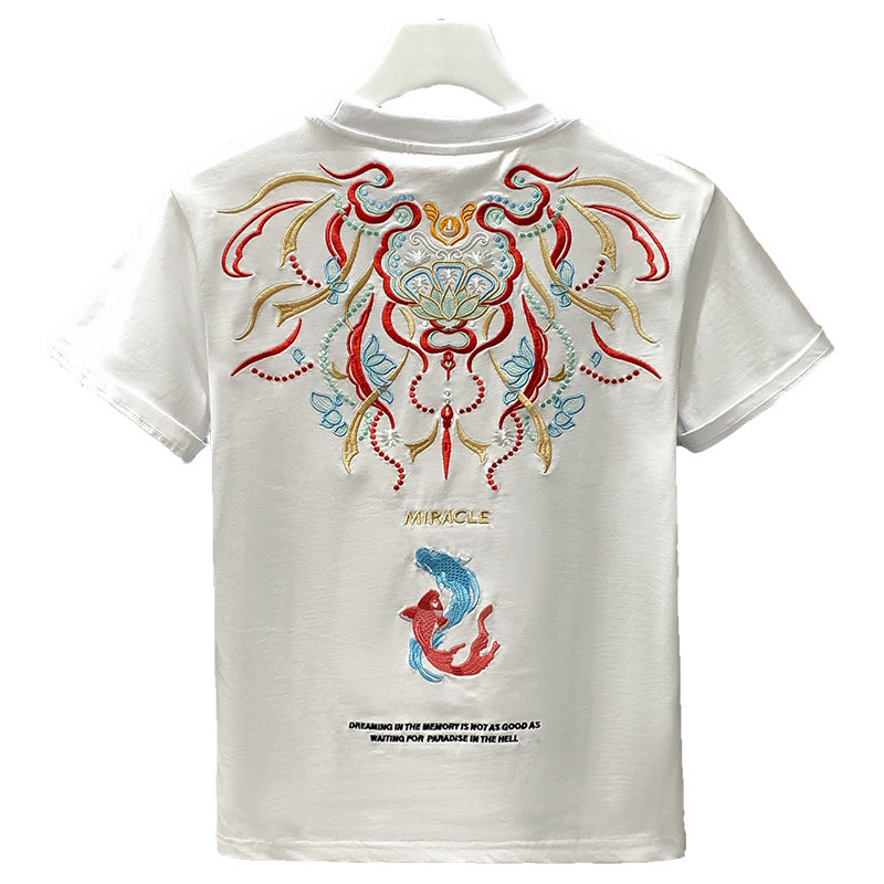 Men's Cotton Crew-Neck Versatile Ethnic-Style Embroidered Short-Sleeve T-Shirt