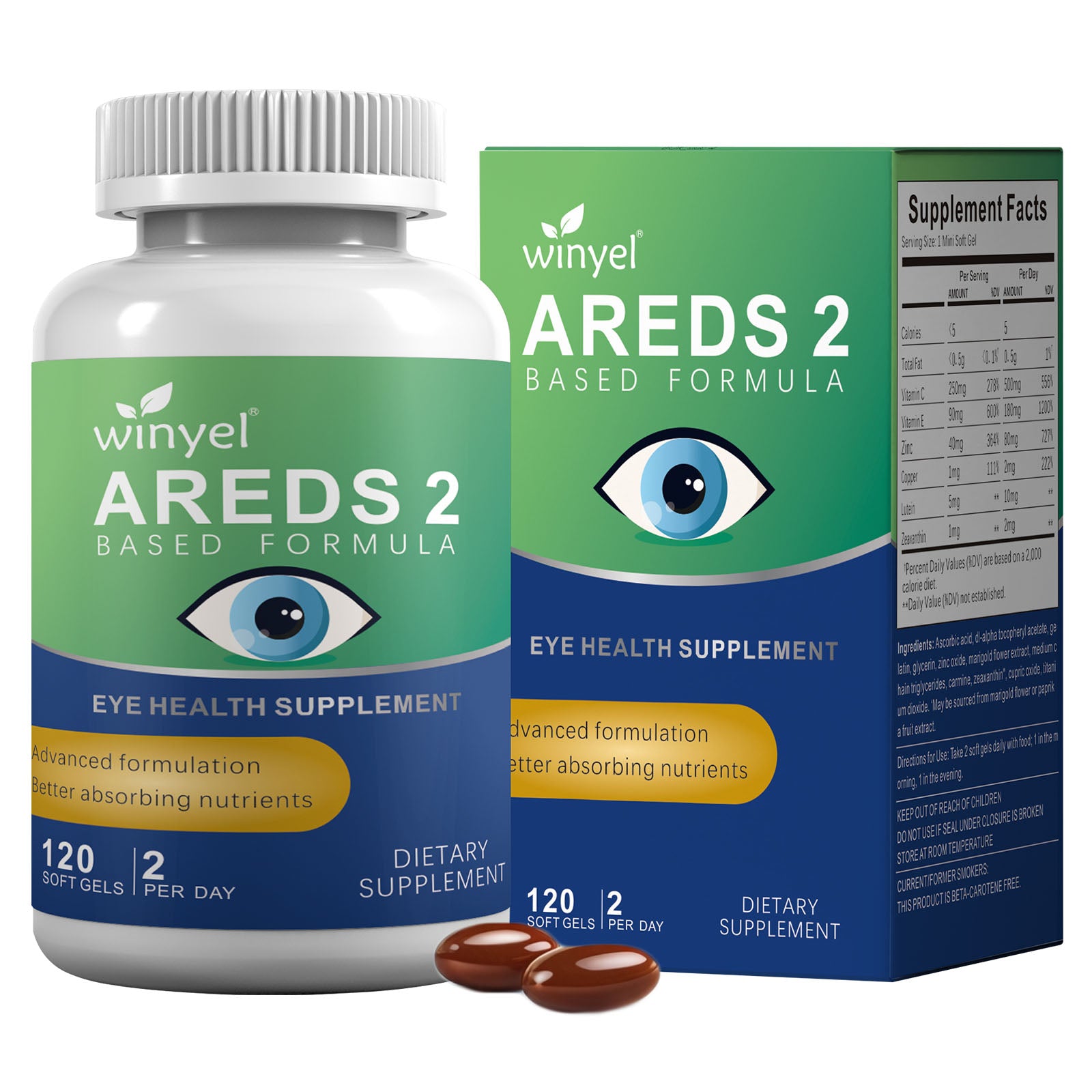 AREDS 2 Eye Vitamin And Mineral Supplement, Containing Lutein, Vitamin C, Zeaxanthin, Zinc, And Vitamin E, 120 Softgels.