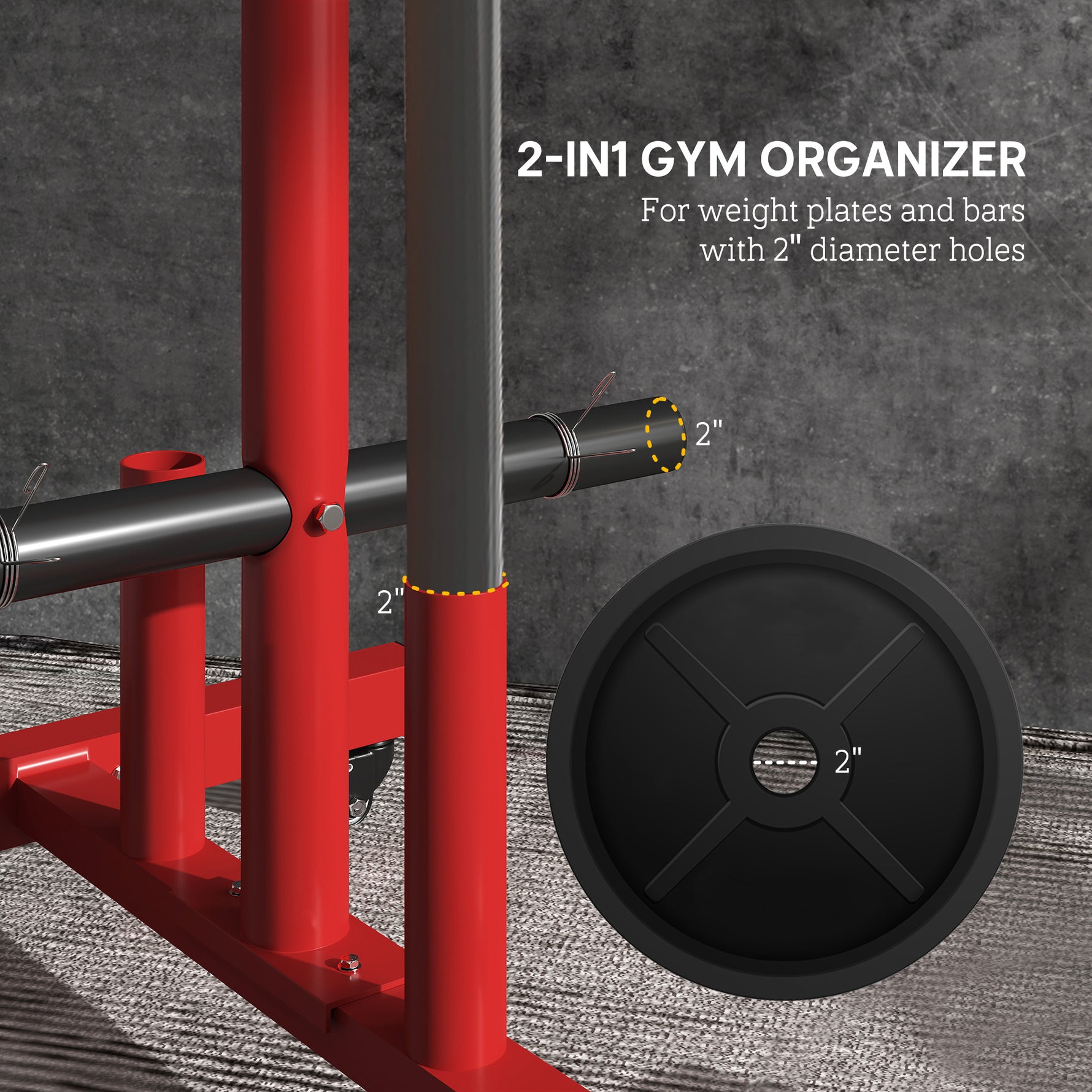 2 Inch Weight Plate Rack, Plate Rack Holder For Olympic Weight Plates And Bars, With 4 Transport Wheels And 6 Fasten Clamps, 440 Lbs. Capacity, Red