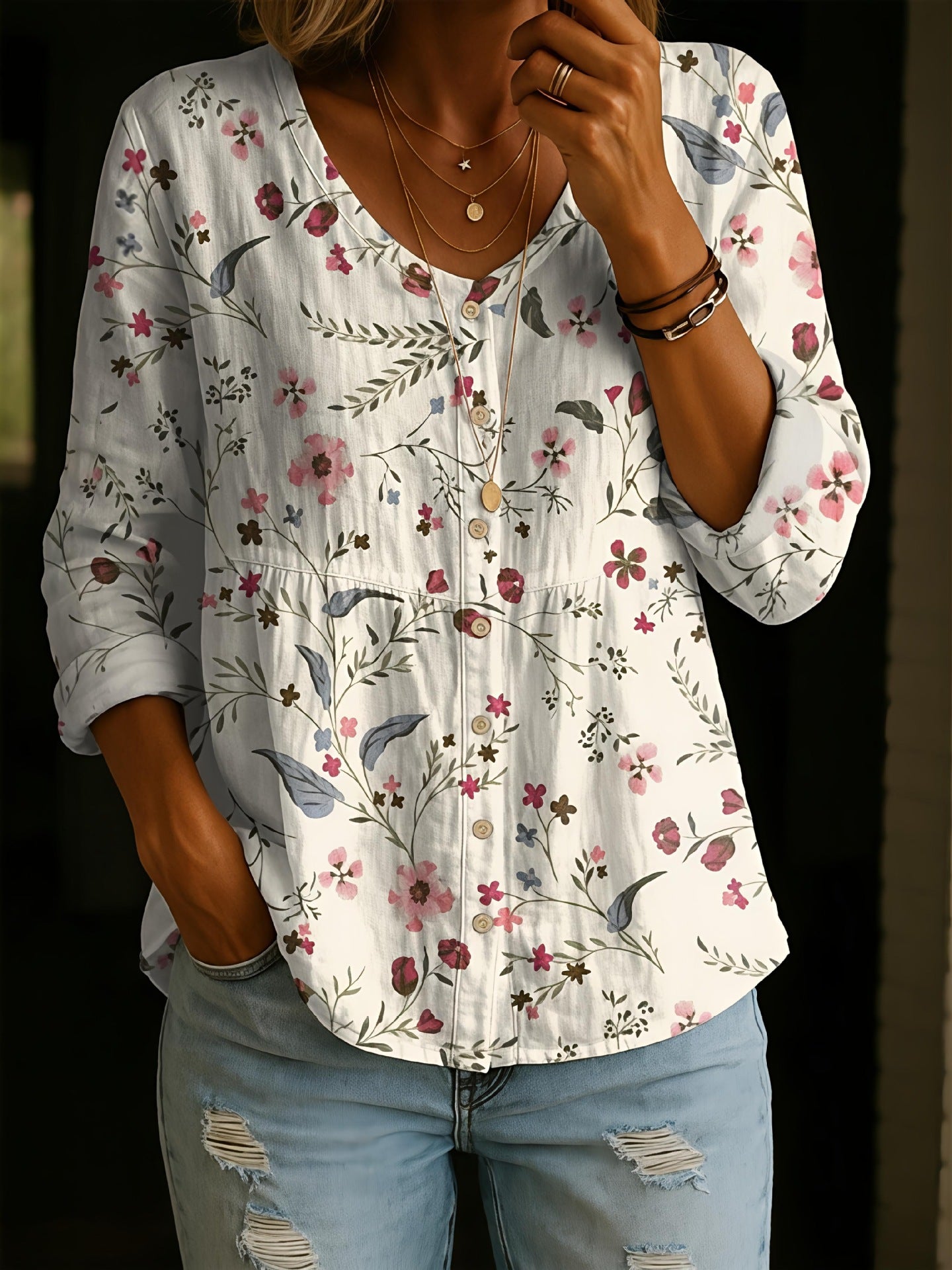 Women's Fashion Round-Neck Printed Plus-Size Shirt