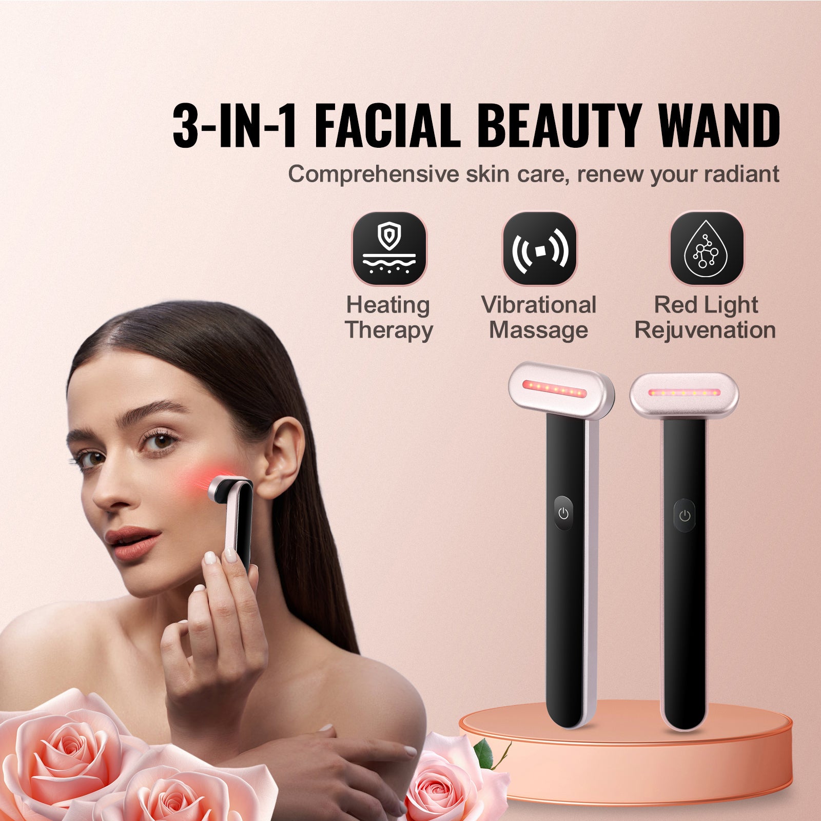 VEVOR Red Light Therapy Wand For Face, 7Color LED Facial Wand Red Light Therapy Device With Heatig Therapy Microcurrent Vibrating Massage, Portable LED Beauty Wand For Face, Neck