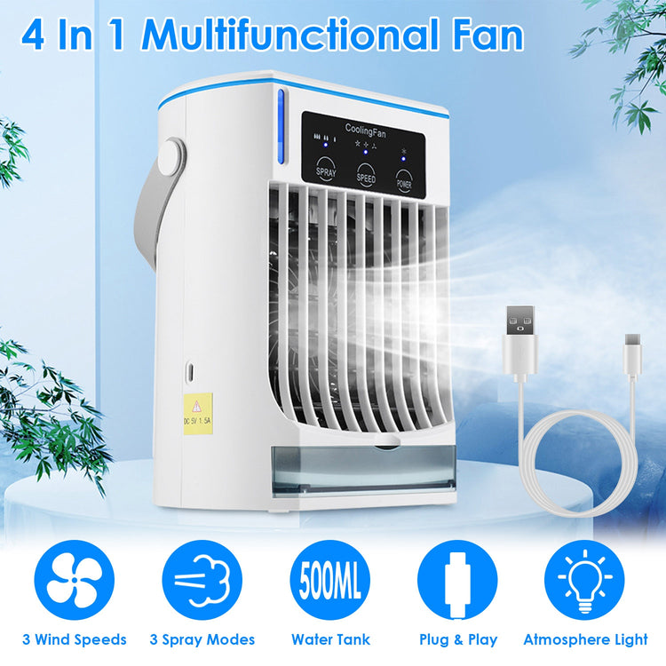 Portable Air Conditioner Fan Evaporative Humidifier 3 Speed Spray Personal Cold Mist Air Cooler Desk Table Fan Water Tank Night Light Adjustable Angel Room Home Office