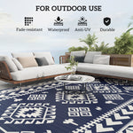 Reversible Outdoor Rug, Waterproof Plastic Straw With Carry Bag, 9 X 18, Blue & White Rhombus Patchwork