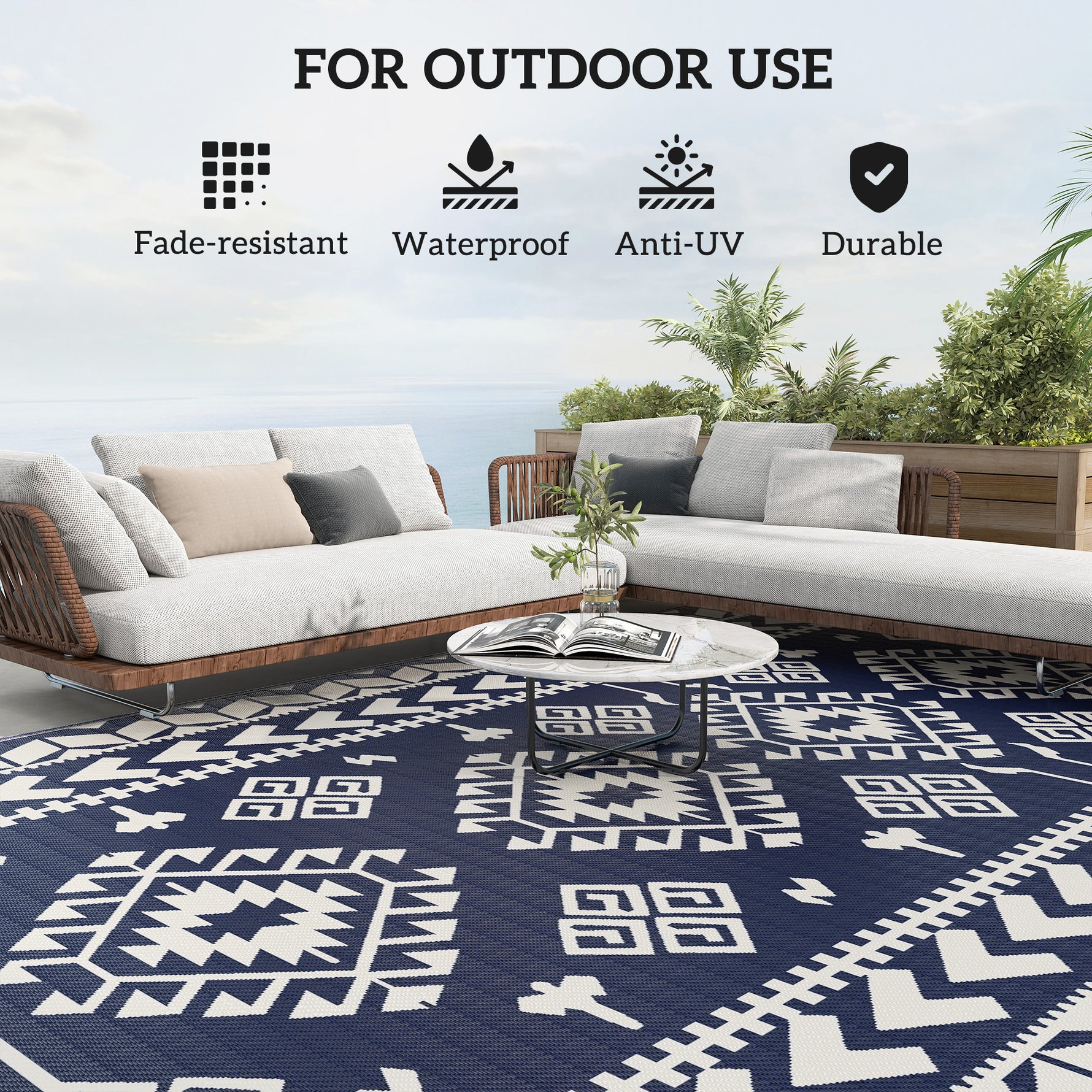 Reversible Outdoor Rug, Waterproof Plastic Straw With Carry Bag, 9 X 18, Blue & White Rhombus Patchwork