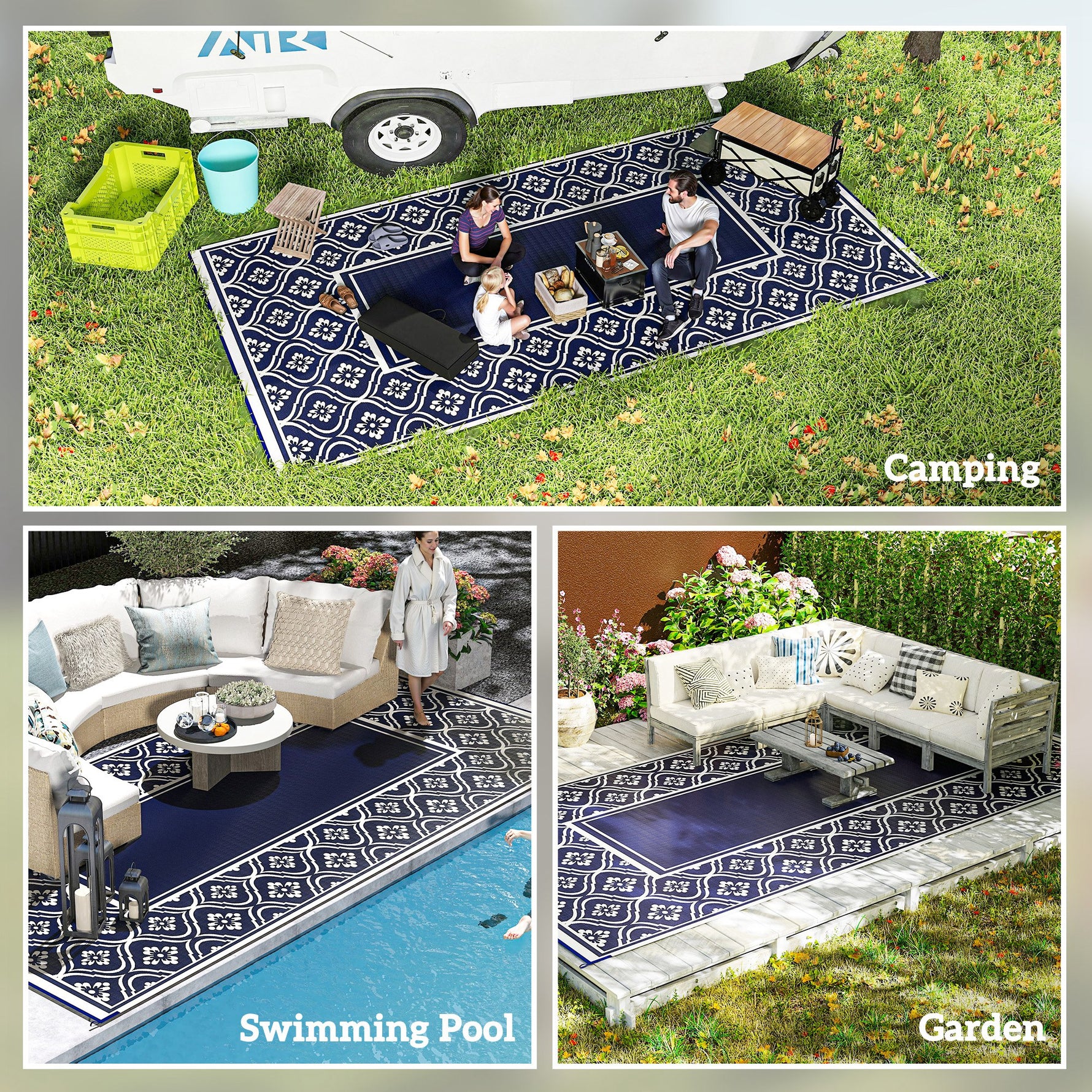 Reversible Outdoor Rug, Waterproof Plastic Straw With Carry Bag, 9 X 18, Blue & White Gourd Border