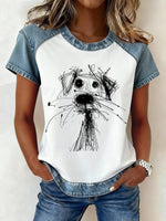 Color-block Printed Short-sleeve Womens Loose Top
