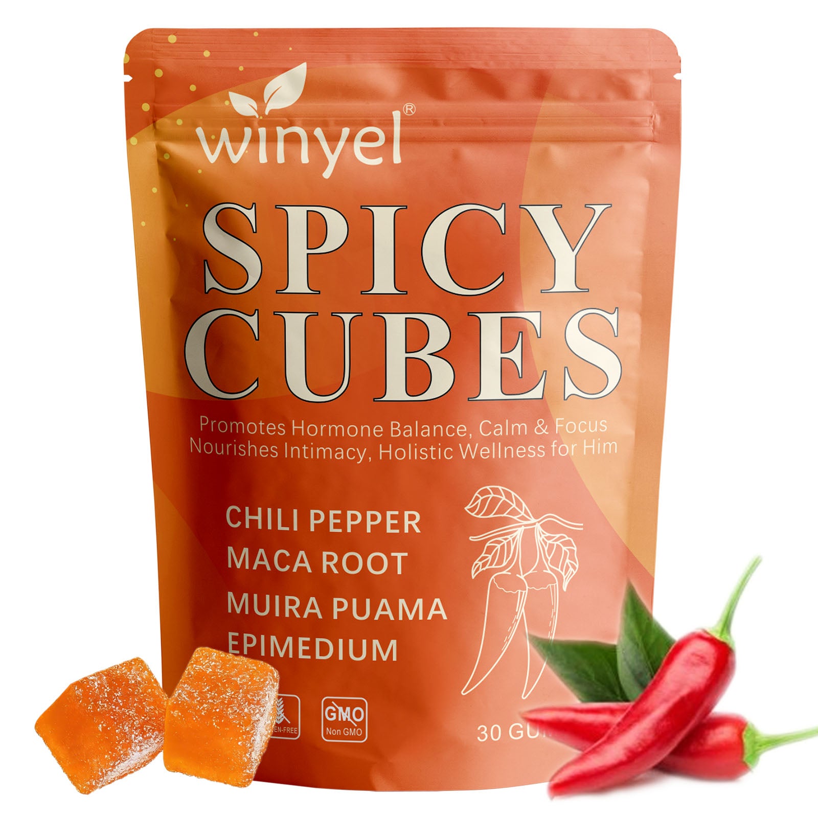 Spicy Cubes, Intimacy Gummies With Chili Pepper, Muira Puama, Maca Root, Epimedium, Helps Promote Hormone Balance, Calmness And Intimacy Wellness, Peach Flavor, 30 Gummies