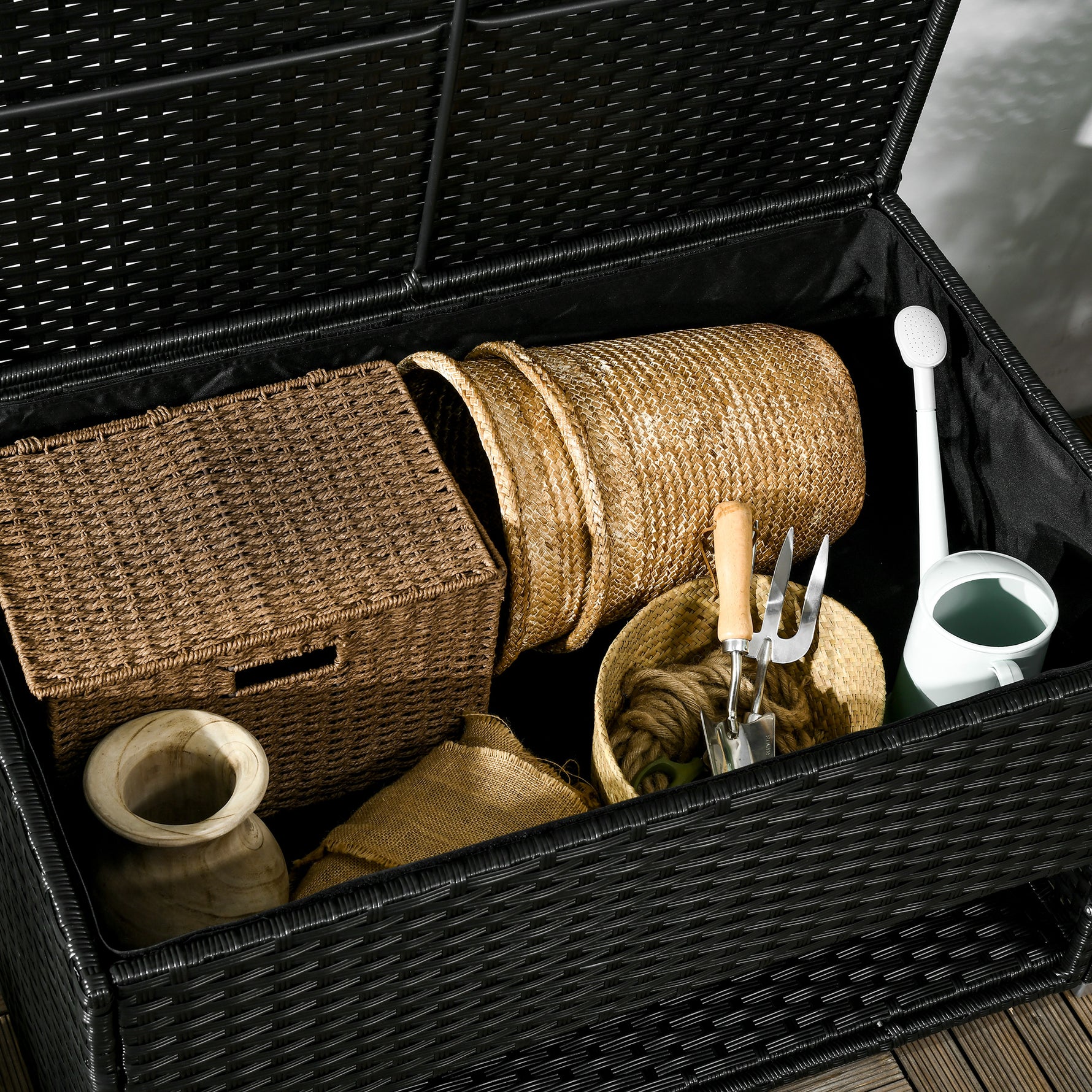Outdoor Deck Box & Shoe Storage, PE Rattan Wicker Towel Rack with Liner for Indoor, Outdoor, Patio Furniture Cushions, Pool, Garden Tools, Black
