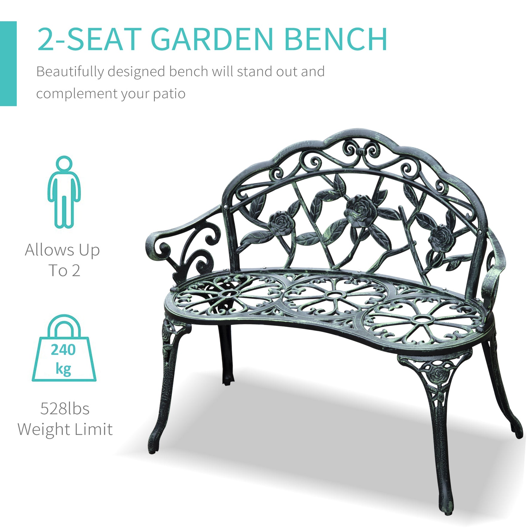 Outdoor Bench, Cast Aluminum Outdoor Furniture, Metal Bench With Floral Rose Accent & Antique Finish, Green