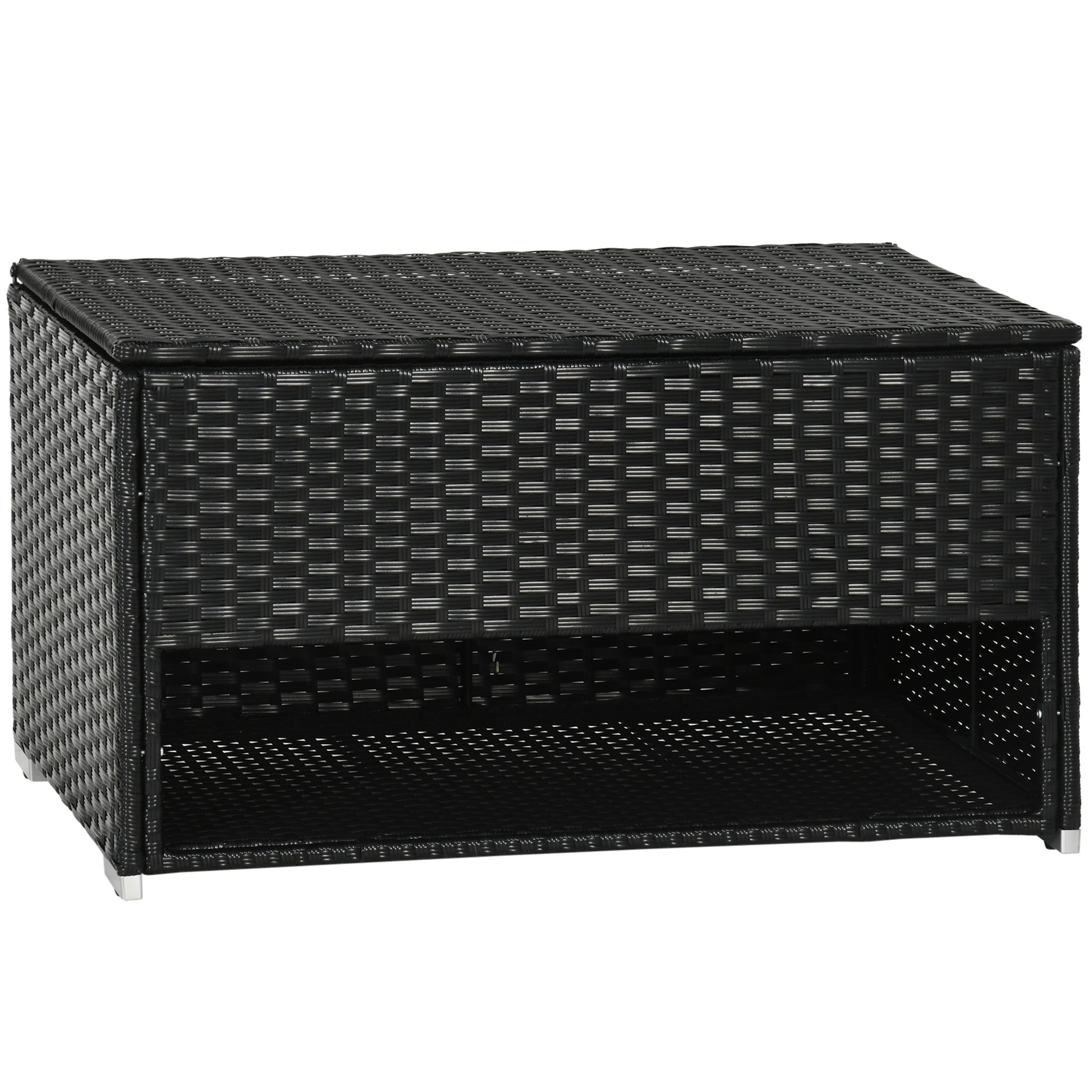 Outdoor Deck Box & Shoe Storage, PE Rattan Wicker Towel Rack with Liner for Indoor, Outdoor, Patio Furniture Cushions, Pool, Garden Tools, Black
