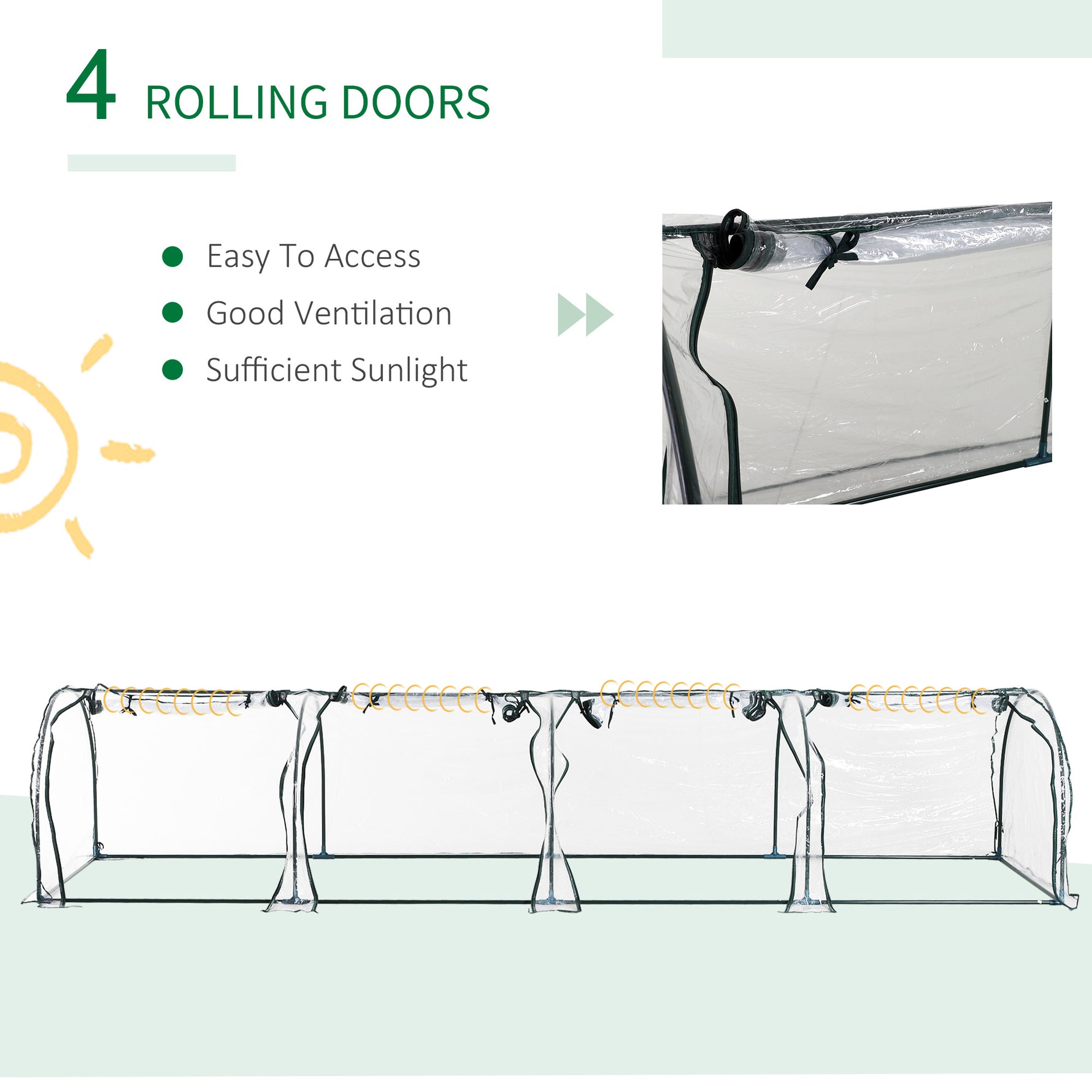 Portable Tunneled Greenhouse With 4 Zippered Doors, Water UV Fighting PVC Cover