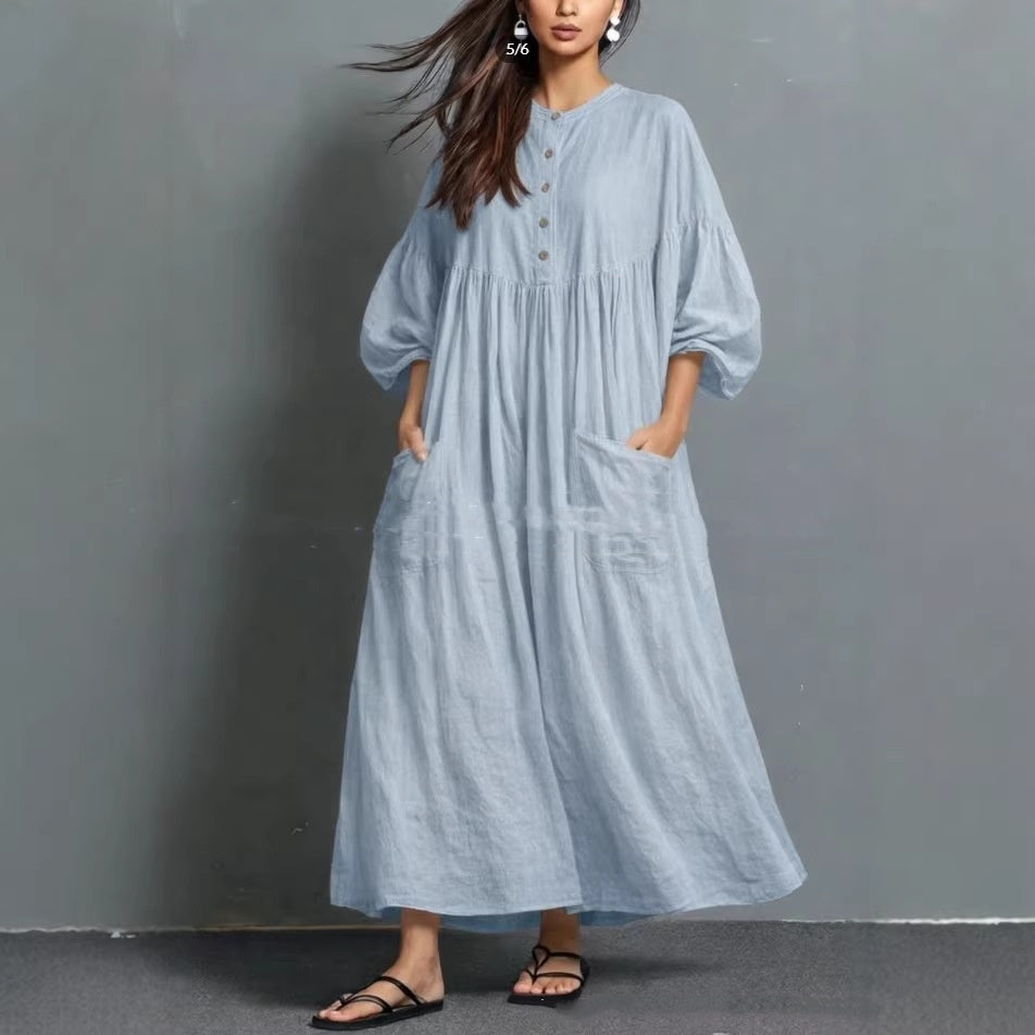 Solid-color Casual Cotton-linen Pocket Dress