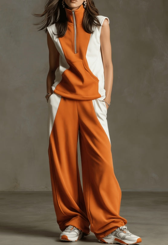 Contrast Color Stand-up Collar Sleeveless Sportswear Set